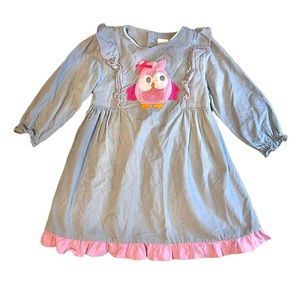 ZU Gray Ruffle Corduroy Pink Owl Long Sleeve Dress